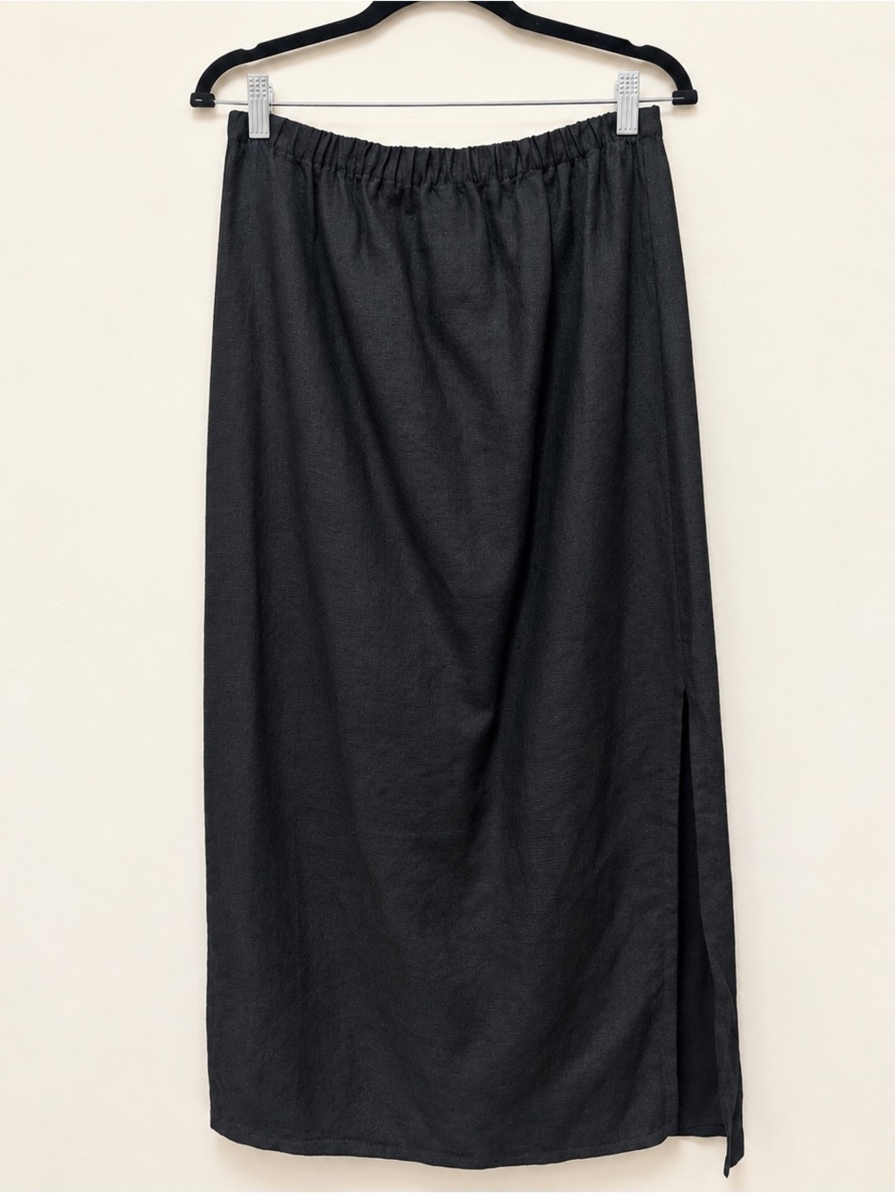 Eileen Fisher Black Irish Linen Maxi Skirt M Elastic Waist Side Slit
